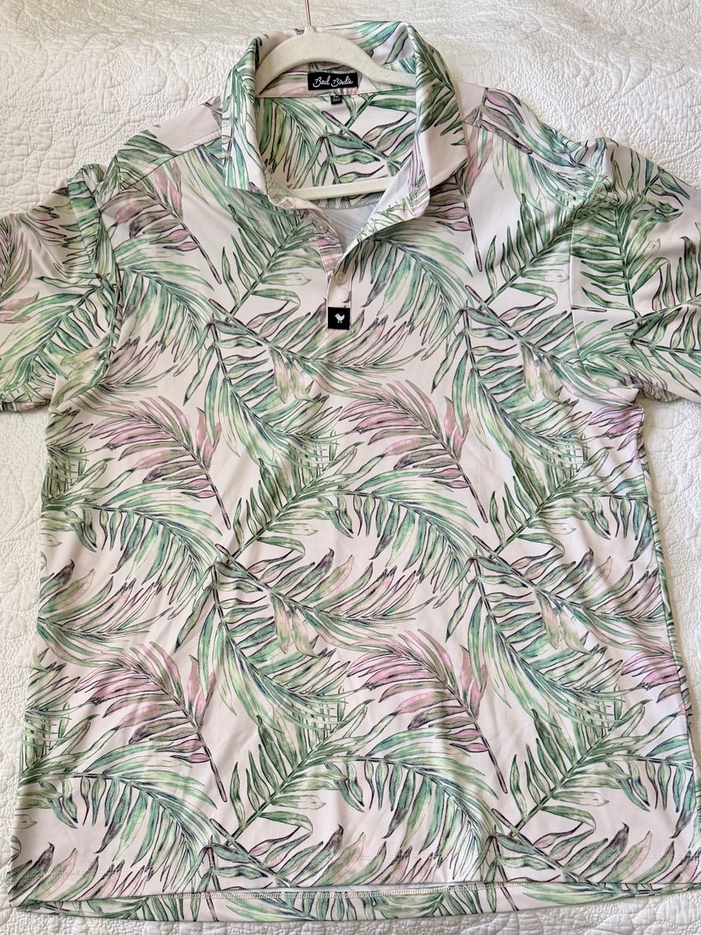 Bad Birdie Palm Leaf Polo - White, Green & Pink